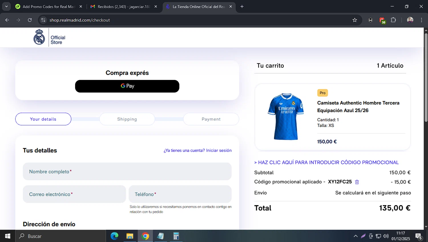 Real Madrid Shop discount code screenshot showing code XY12FC25 applied at Real Madrid Shop checkout page. Uploaded by SimplyCodes community member josegarcia6 on Dec 1, 2025