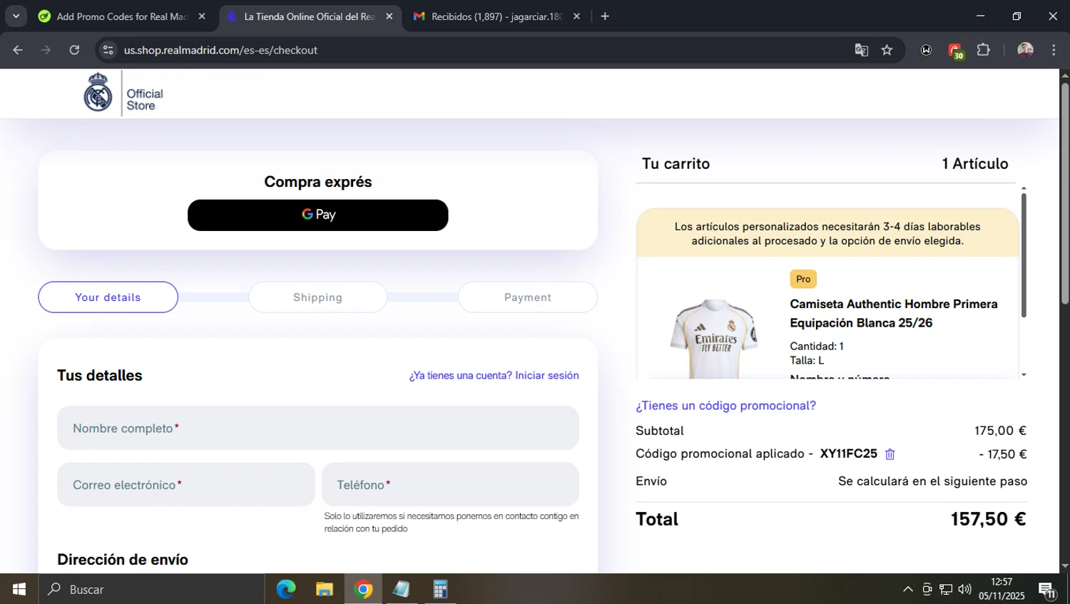 Real Madrid Shop discount code screenshot showing code XY11FC25 applied at Real Madrid Shop checkout page. Uploaded by SimplyCodes community member josegarcia6 on Nov 5, 2025