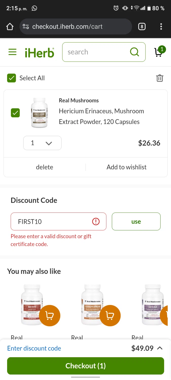 Real Mushrooms discount code screenshot showing code FIRST10 applied at Real Mushrooms checkout page. Uploaded by SimplyCodes community member Bjhfuhdf on Feb 23, 2025