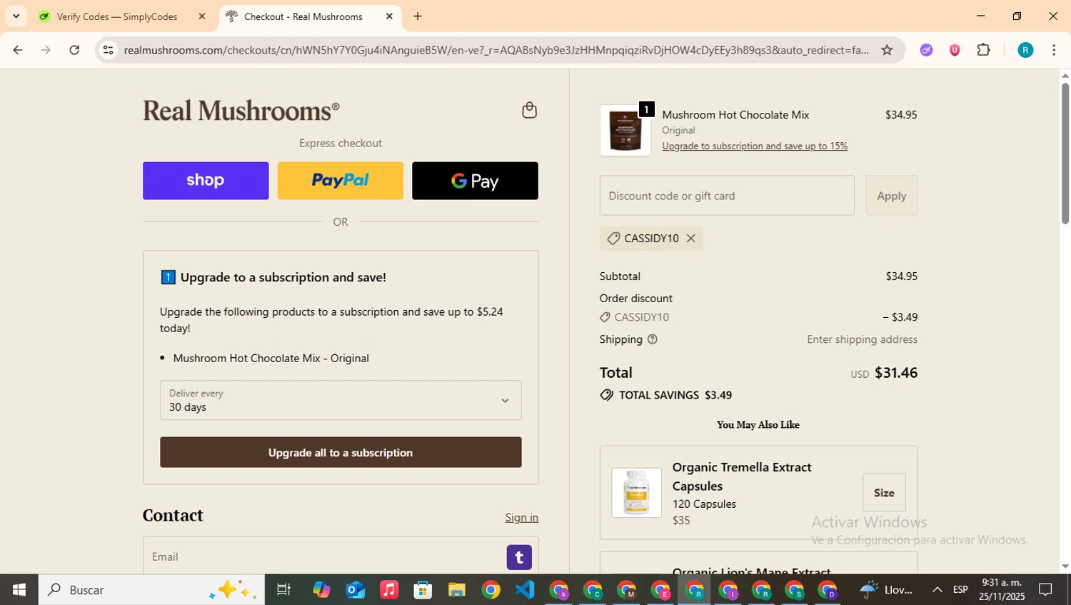 Real Mushrooms discount code screenshot showing code CASSIDY10 applied at Real Mushrooms checkout page. Uploaded by SimplyCodes community member BudgetHero4407 on Nov 25, 2025