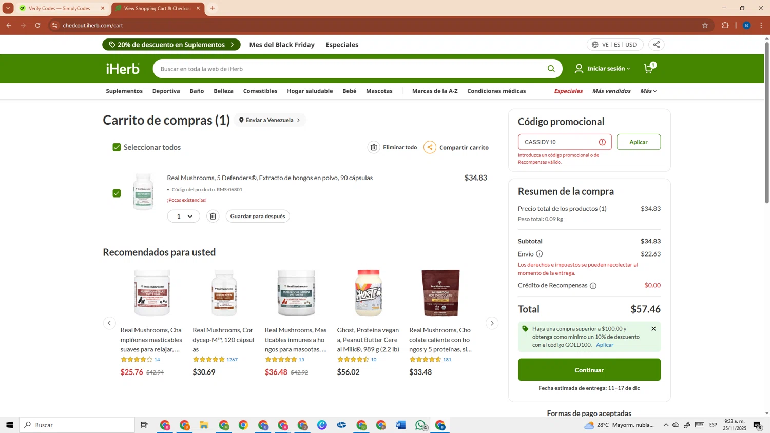 Real Mushrooms discount code screenshot showing code CASSIDY10 applied at Real Mushrooms checkout page. Uploaded by SimplyCodes community member DiscountRanger3690 on Nov 25, 2025