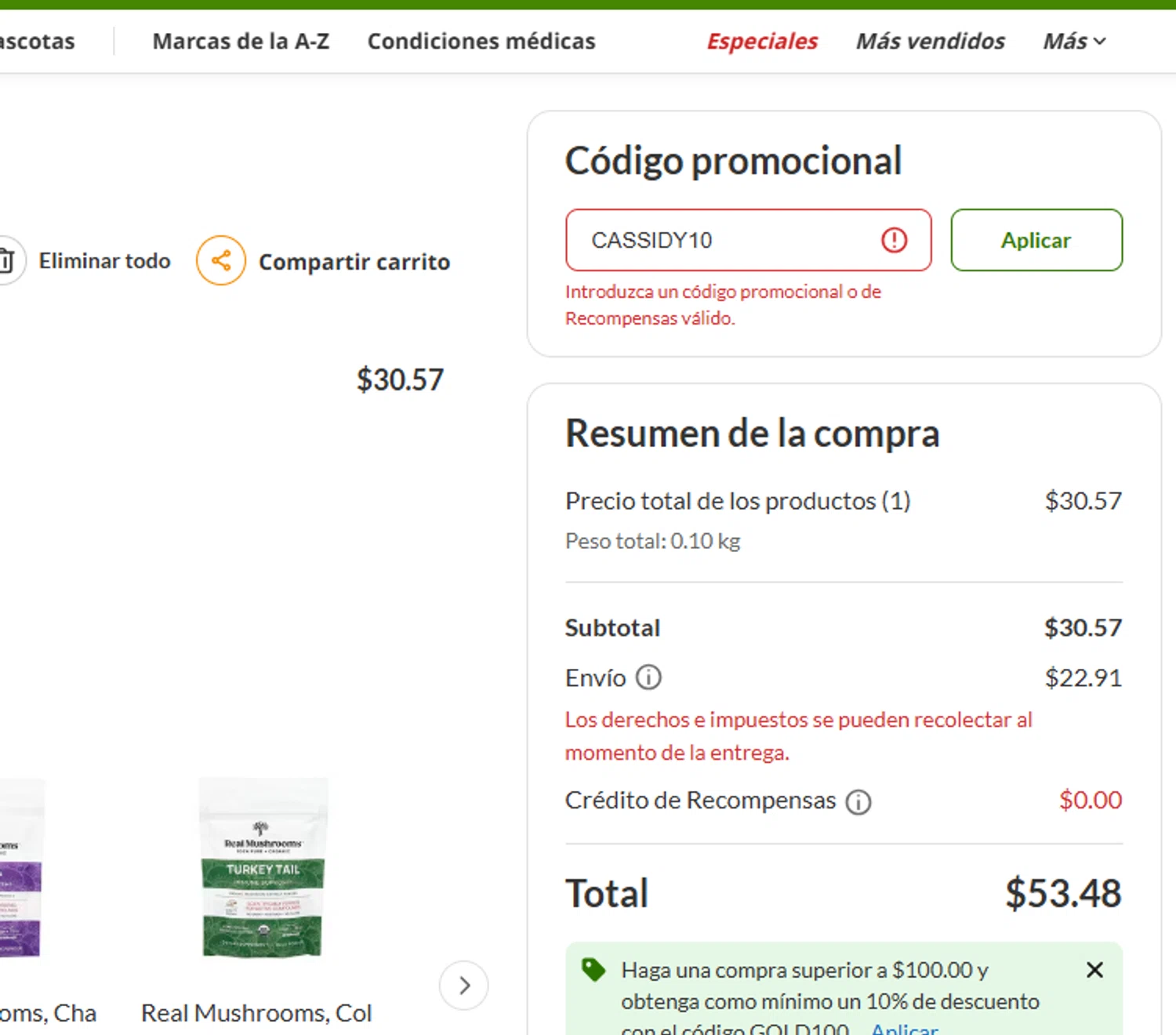 Real Mushrooms discount code screenshot showing code CASSIDY10 applied at Real Mushrooms checkout page. Uploaded by SimplyCodes community member ITSO1676764508225 on Nov 25, 2025