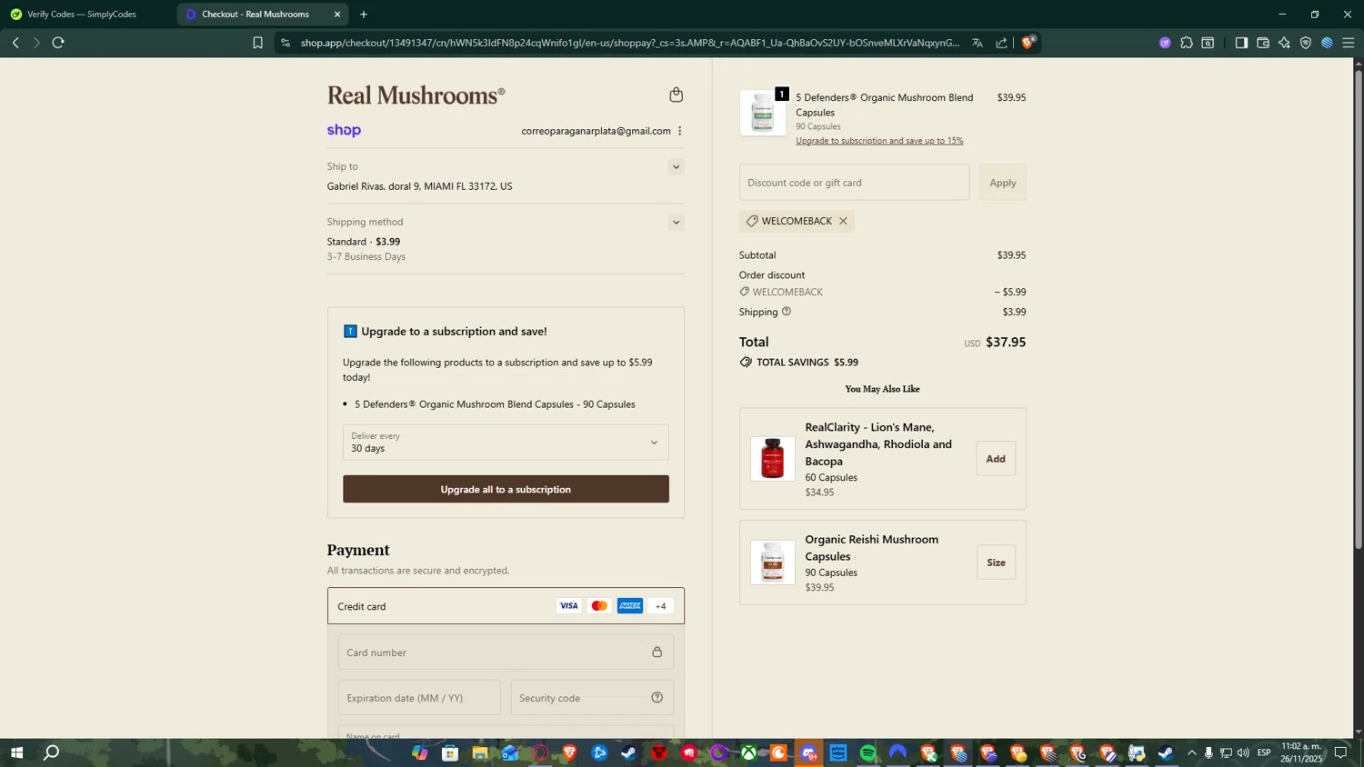 Real Mushrooms discount code screenshot showing code WELCOMEBACK applied at Real Mushrooms checkout page. Uploaded by SimplyCodes community member RickCound on Nov 26, 2025