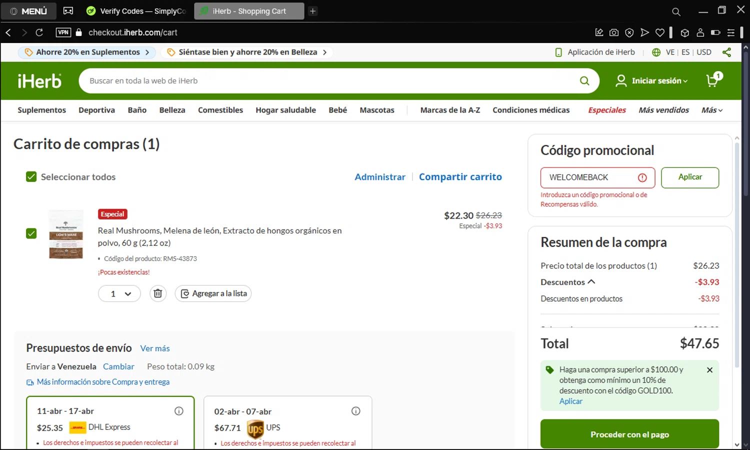Real Mushrooms discount code screenshot showing code WELCOMEBACK applied at Real Mushrooms checkout page. Uploaded by SimplyCodes community member BonusDefender4693 on Mar 26, 2025