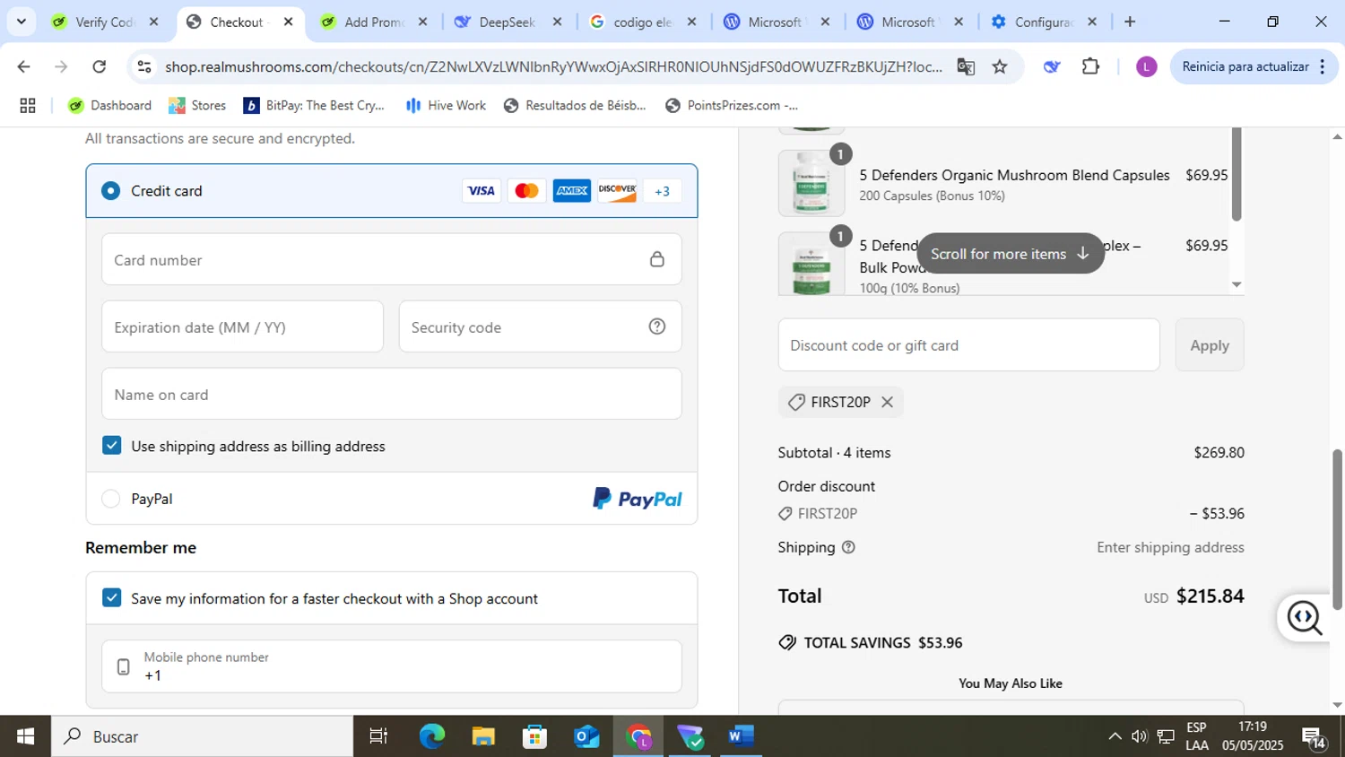 Real Mushrooms discount code screenshot showing code FIRST20P applied at Real Mushrooms checkout page. Uploaded by SimplyCodes community member Gabrielromero23 on May 5, 2025