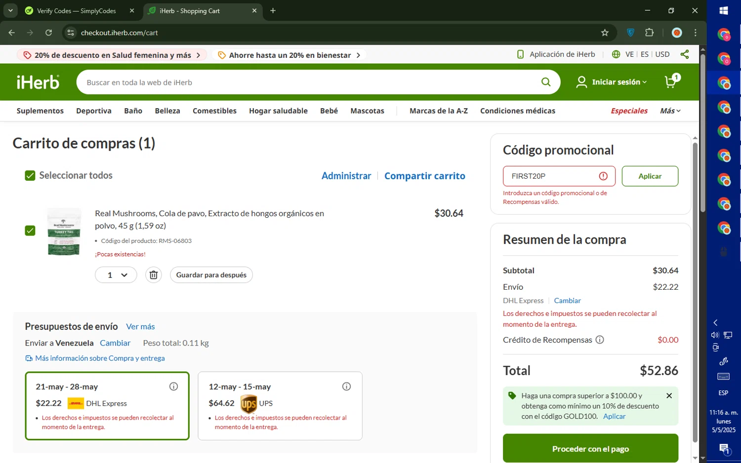 Real Mushrooms discount code screenshot showing code FIRST20P applied at Real Mushrooms checkout page. Uploaded by SimplyCodes community member CashMaverick8128 on May 5, 2025