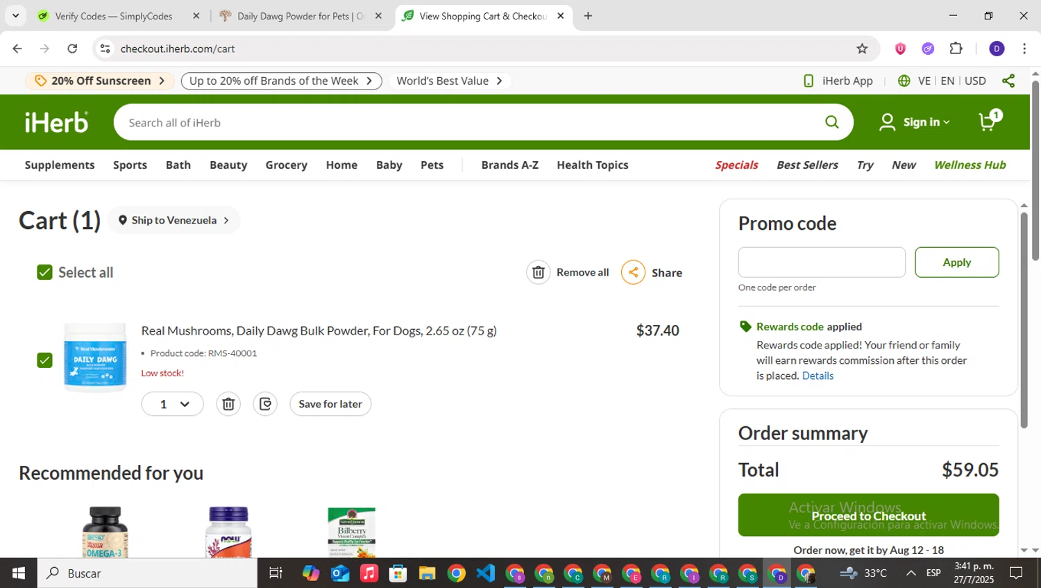 Real Mushrooms discount code screenshot showing code muscle applied at Real Mushrooms checkout page. Uploaded by SimplyCodes community member PrimeNavigator3251 on Jul 27, 2025