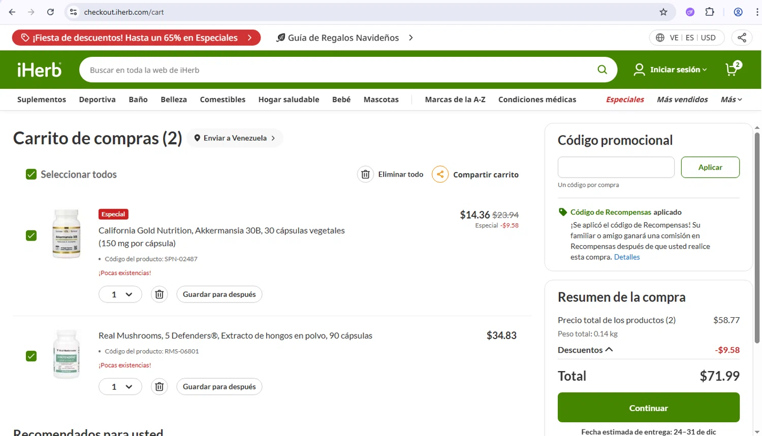 Real Mushrooms discount code screenshot showing code muscle applied at Real Mushrooms checkout page. Uploaded by SimplyCodes community member PrimeWarden1601 on Dec 6, 2025