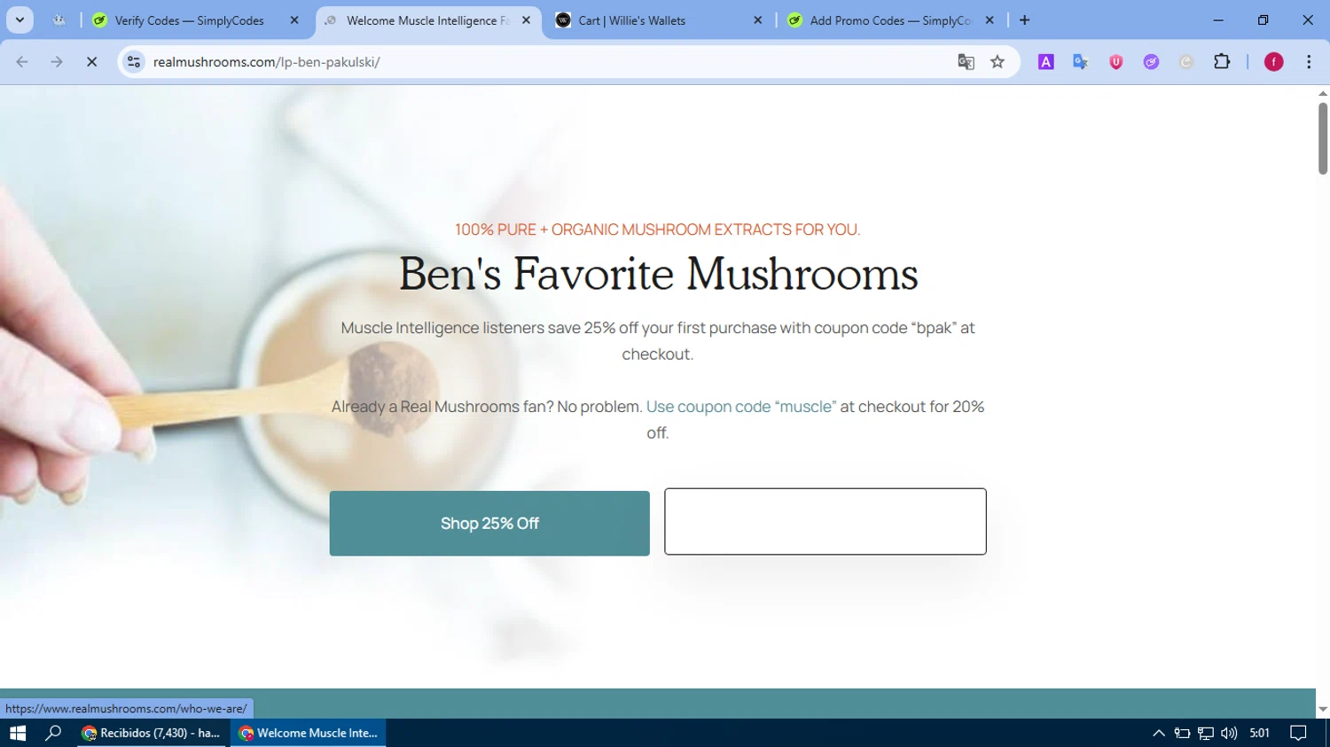 Real Mushrooms discount code screenshot showing code muscle applied at Real Mushrooms checkout page. Uploaded by SimplyCodes community member fausguillermo on Jun 22, 2025