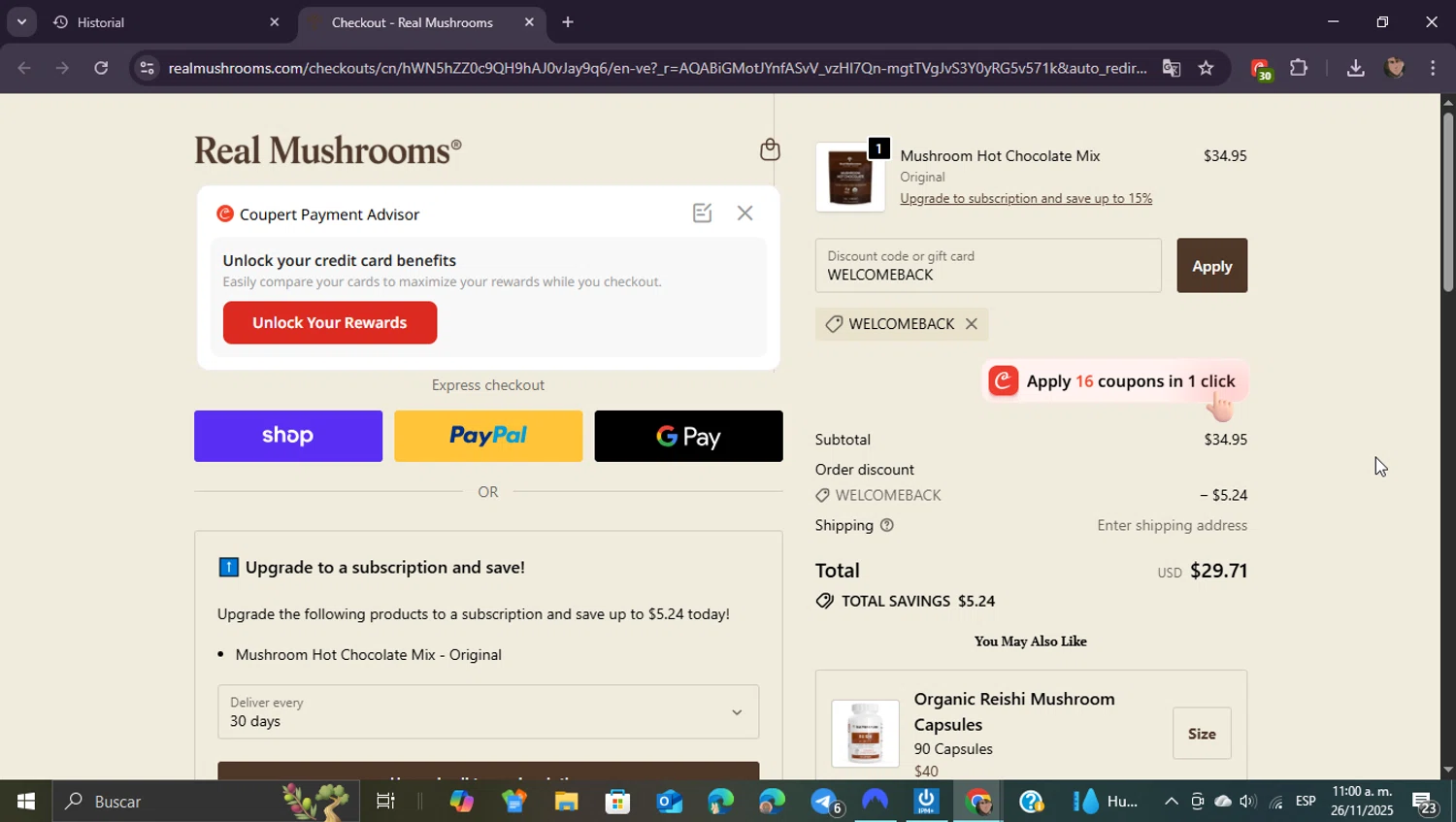 Real Mushrooms discount code screenshot showing code WELCOMEBACK applied at Real Mushrooms checkout page. Uploaded by SimplyCodes community member ShieldEagle9436 on Nov 26, 2025