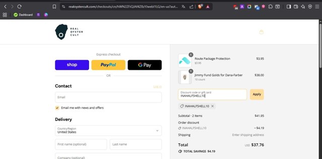 Real Oyster Cult checkout page showing Real Oyster Cult promo code box | Screenshot taken by SimplyCodes community member on Sep 4, 2025