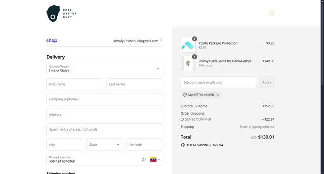 Real Oyster Cult checkout page showing Real Oyster Cult promo code box | Screenshot taken by SimplyCodes community member on Sep 4, 2025