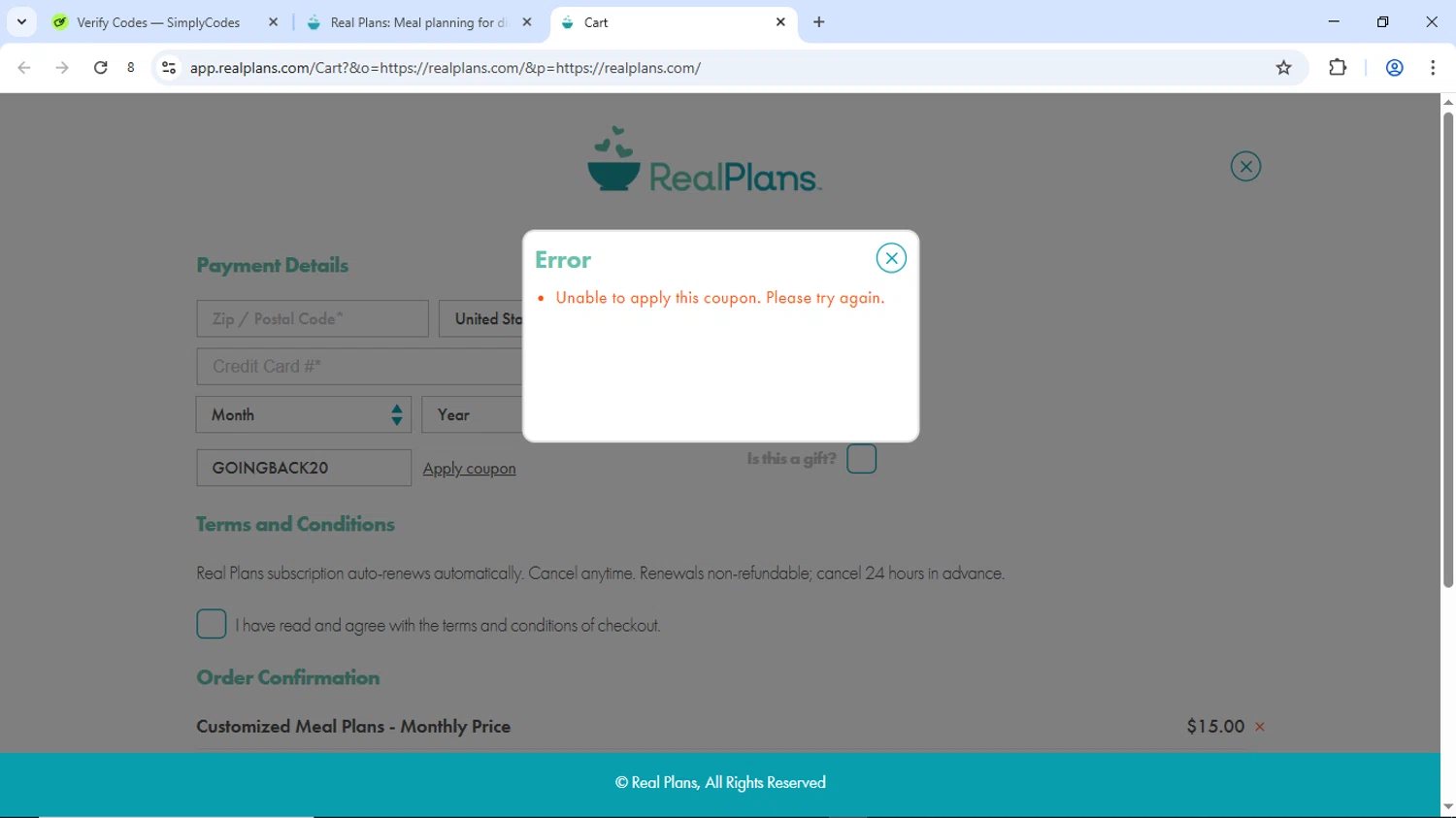 Real Plans promo code screenshot showing code GOINGBACK20 applied at Real Plans checkout page. Uploaded by SimplyCodes community member Dizlike on Apr 22, 2025