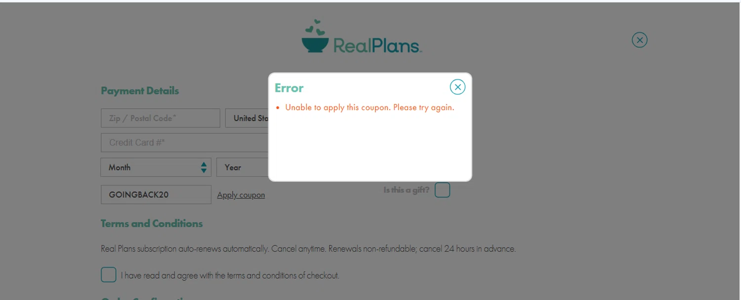 Real Plans promo code screenshot showing code GOINGBACK20 applied at Real Plans checkout page. Uploaded by SimplyCodes community member Princesasofia on Apr 22, 2025