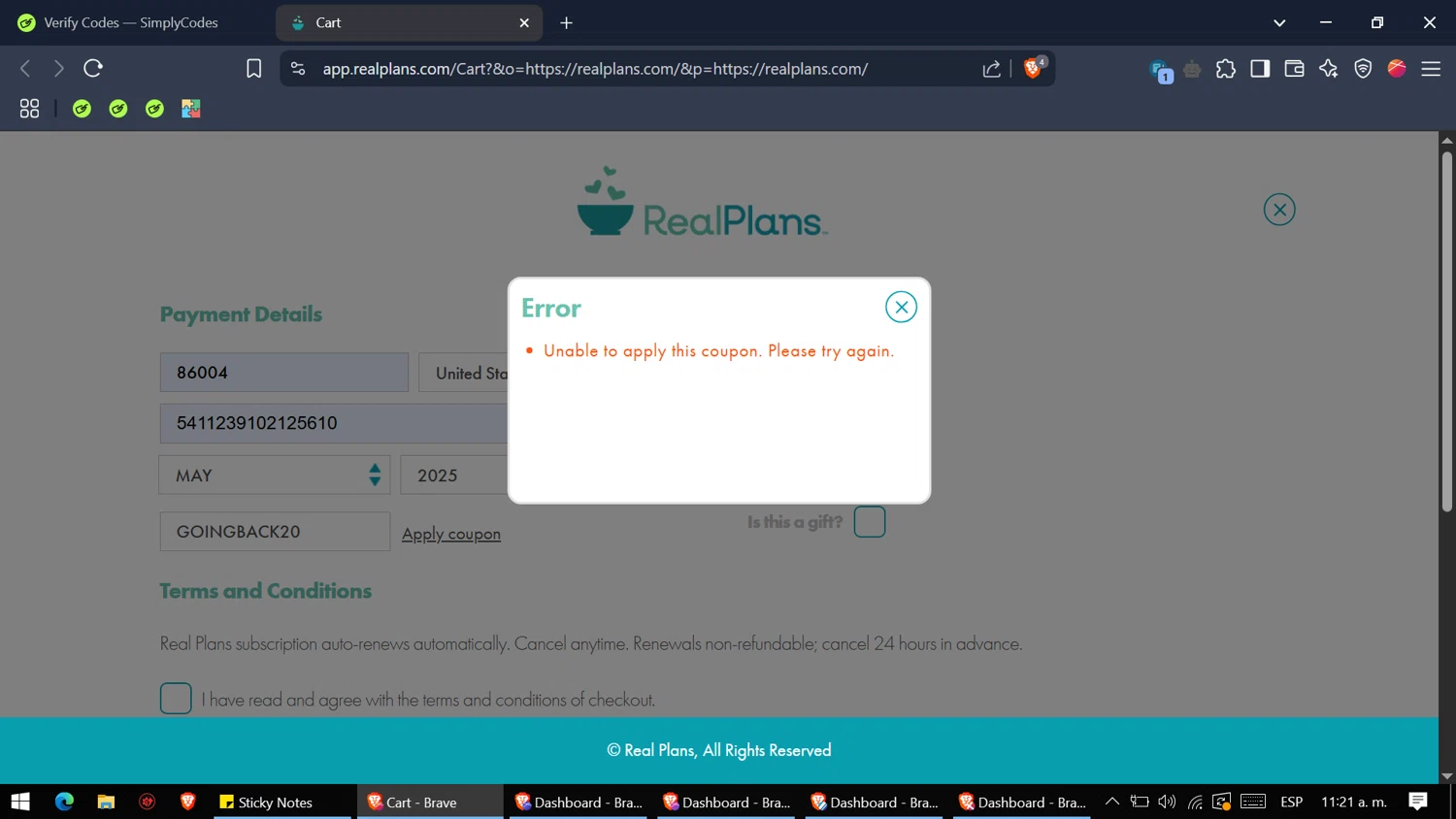 Real Plans promo code screenshot showing code GOINGBACK20 applied at Real Plans checkout page. Uploaded by SimplyCodes community member WiseMaven8415 on Apr 22, 2025