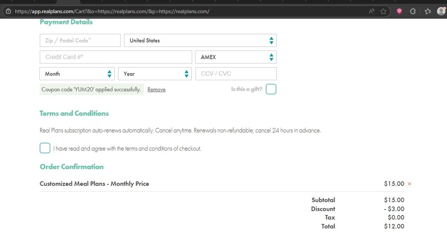 Real Plans promo code screenshot showing code YUM20 applied at Real Plans checkout page. Uploaded by SimplyCodes community member HonestVzla on Jun 24, 2025