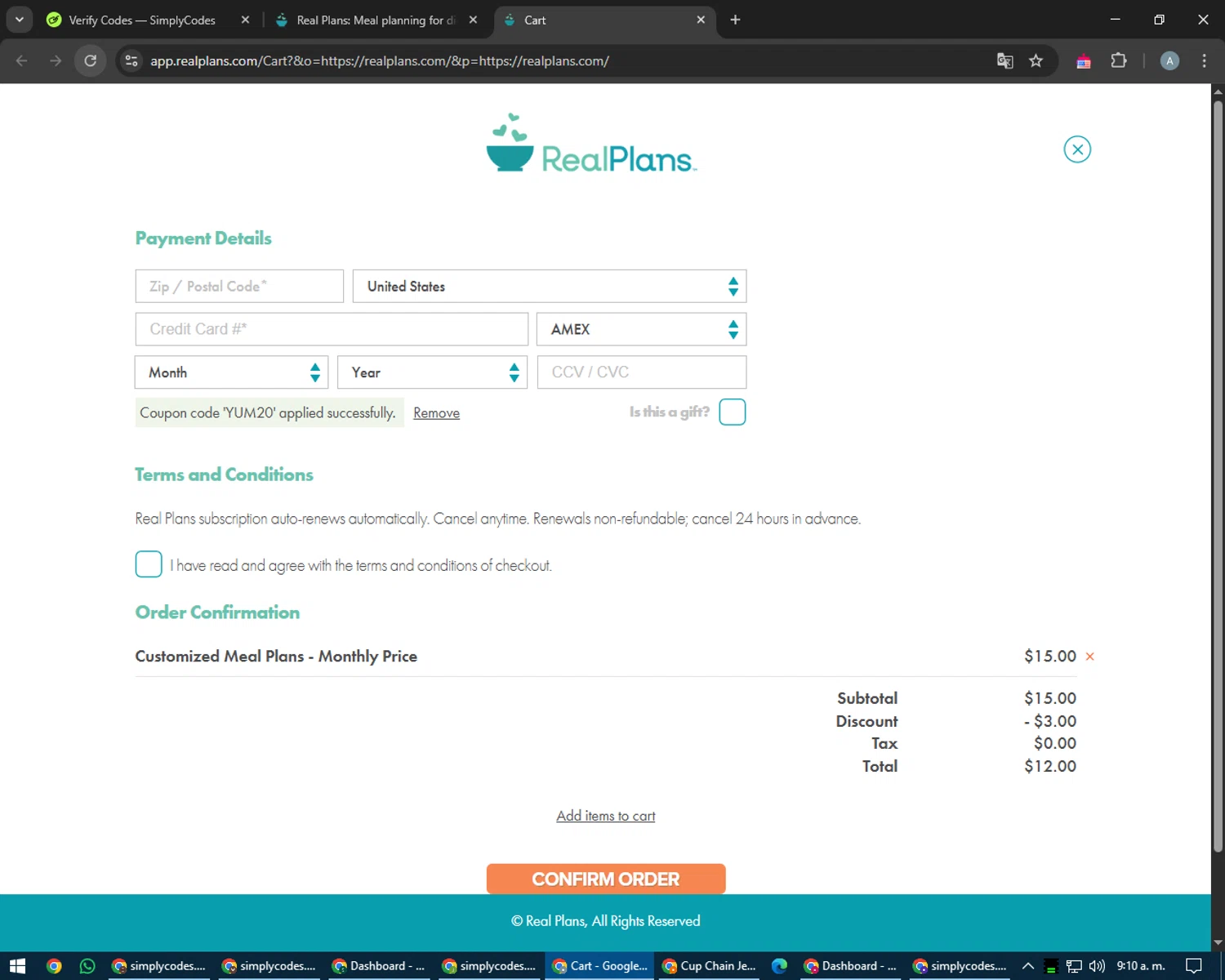 Real Plans promo code screenshot showing code YUM20 applied at Real Plans checkout page. Uploaded by SimplyCodes community member trippieredd on May 20, 2025