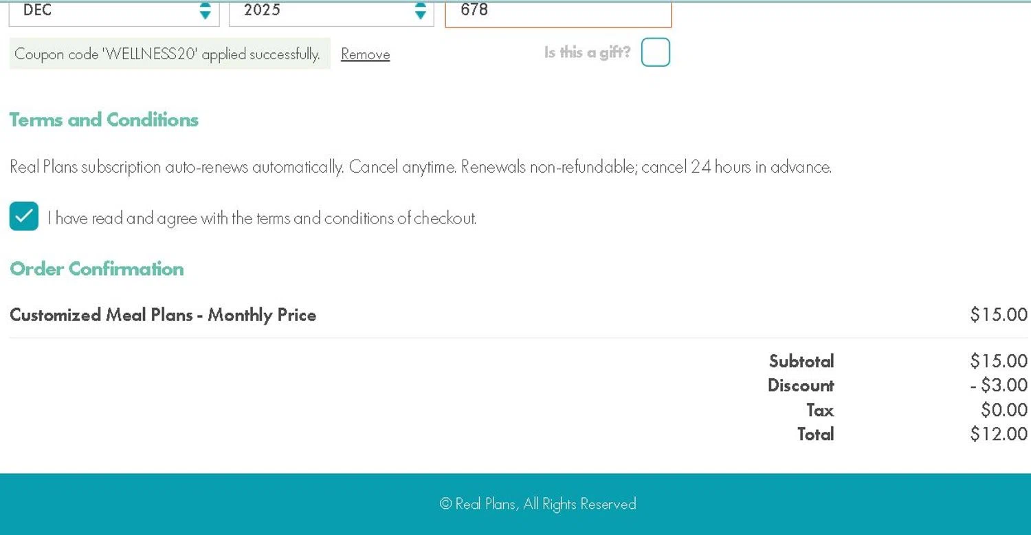Real Plans promo code screenshot showing code WELLNESS20 applied at Real Plans checkout page. Uploaded by SimplyCodes community member Josecaste on Apr 22, 2025