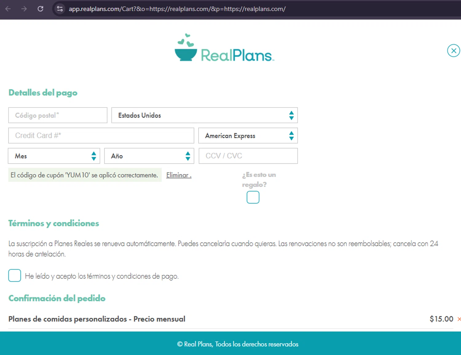 Real Plans promo code screenshot showing code YUM10 applied at Real Plans checkout page. Uploaded by SimplyCodes community member MoneySage8222 on Oct 28, 2025