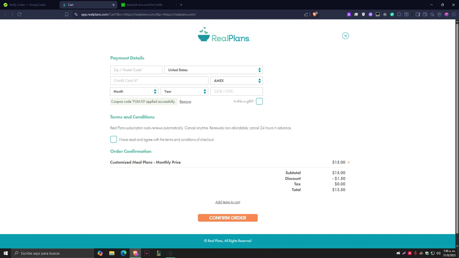 Real Plans promo code screenshot showing code YUM10 applied at Real Plans checkout page. Uploaded by SimplyCodes community member Tragedy on Aug 31, 2025