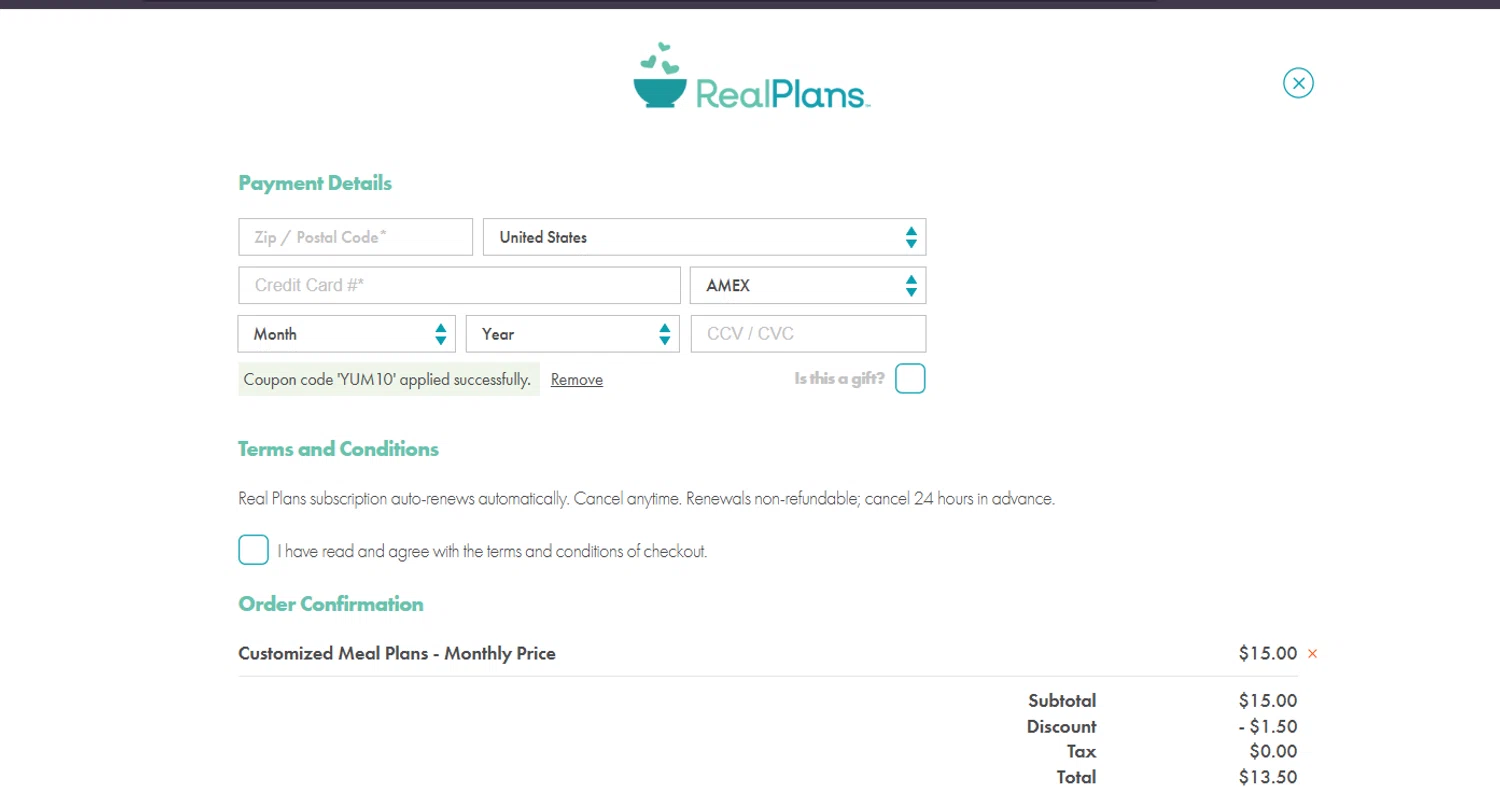 Real Plans promo code screenshot showing code YUM10 applied at Real Plans checkout page. Uploaded by SimplyCodes community member ashe1986 on Jul 4, 2025