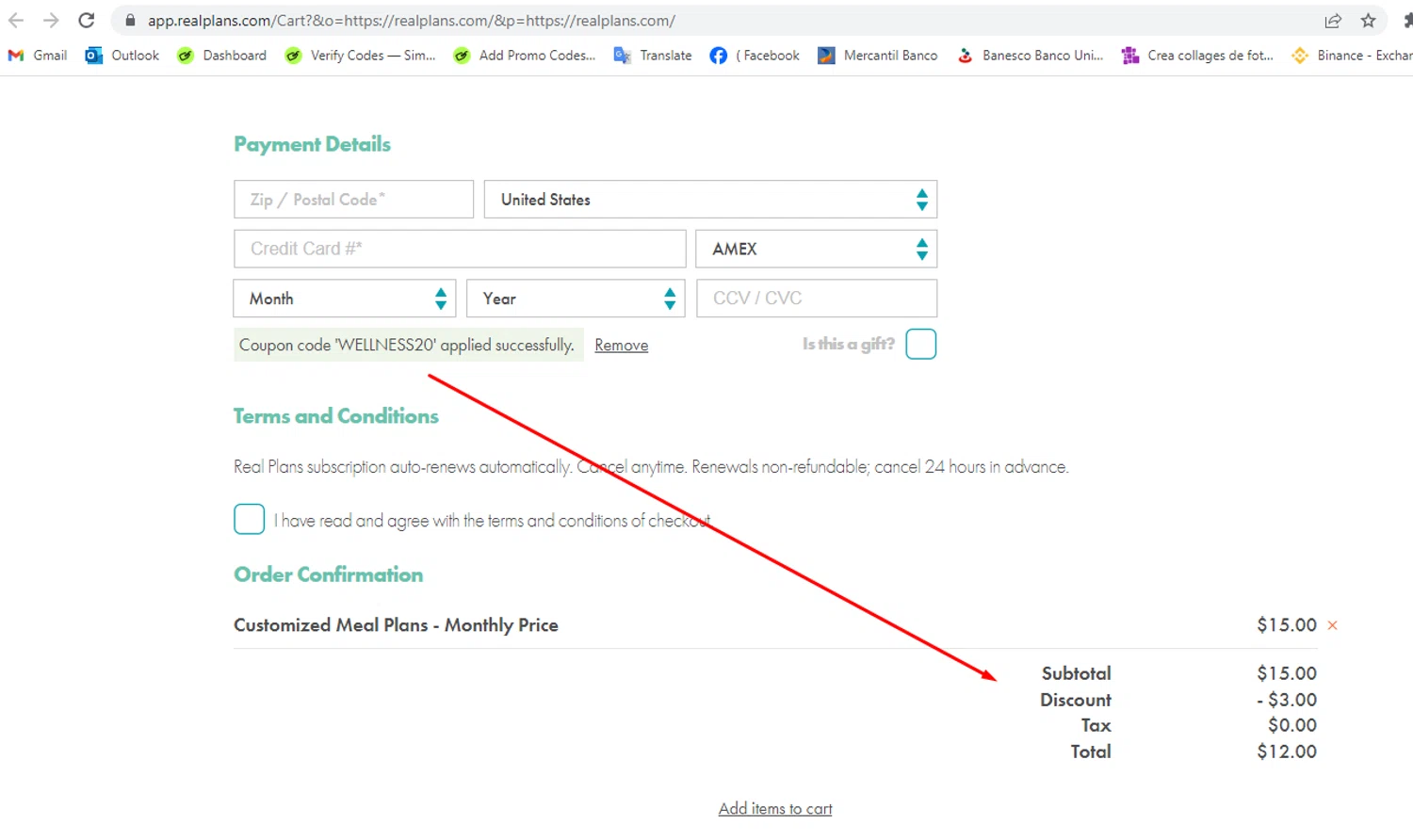 Real Plans promo code screenshot showing code WELLNESS20 applied at Real Plans checkout page. Uploaded by SimplyCodes community member yeresojperez on Apr 22, 2025