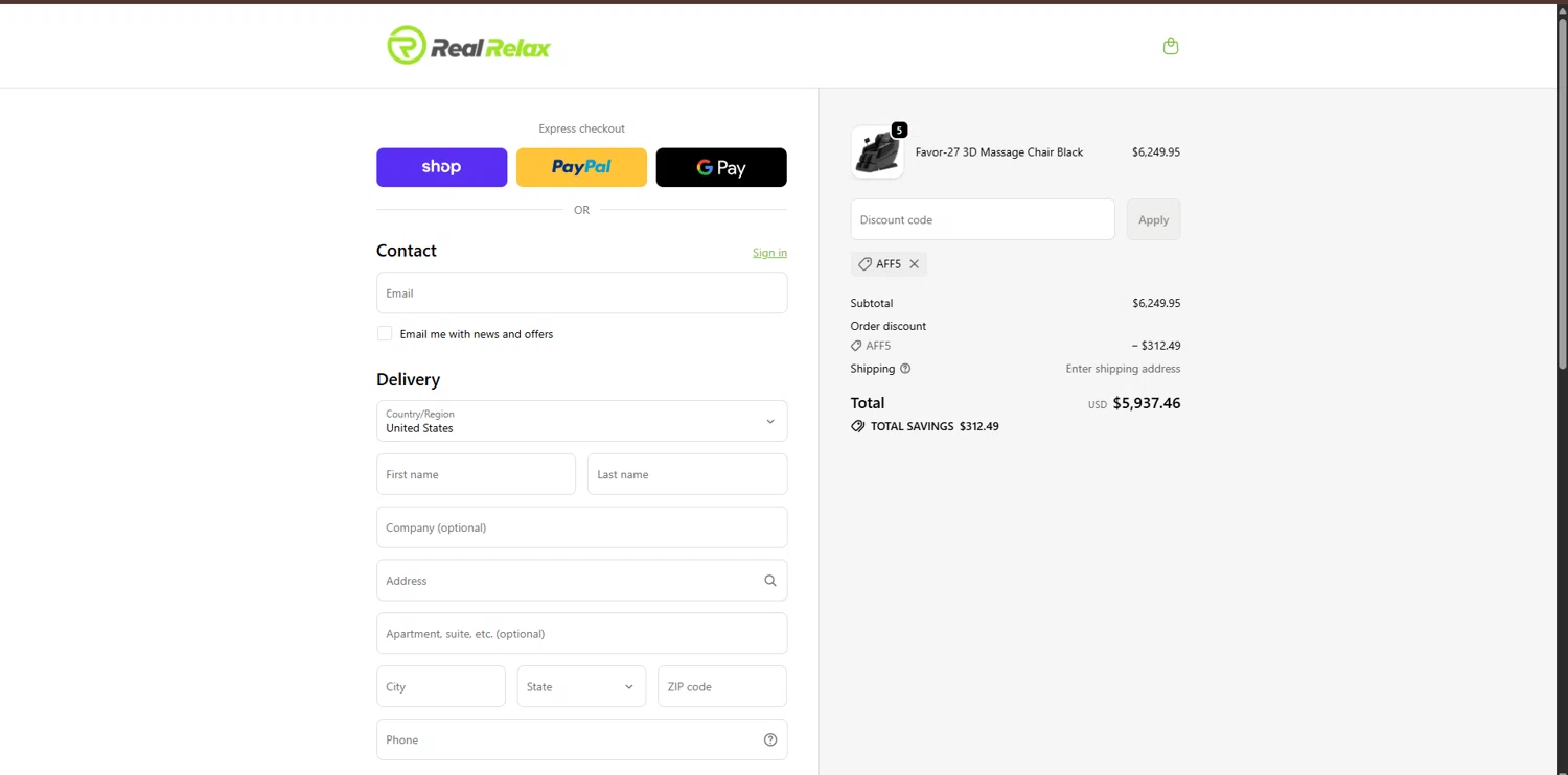 Real Relax discount code screenshot showing code AFF5 applied at Real Relax checkout page. Uploaded by SimplyCodes community member CouponPro7532 on Oct 19, 2025