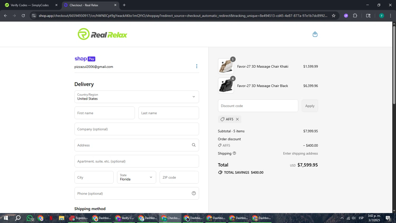 Real Relax discount code screenshot showing code AFF5 applied at Real Relax checkout page. Uploaded by SimplyCodes community member FrugalCaptain6906 on Jul 3, 2025