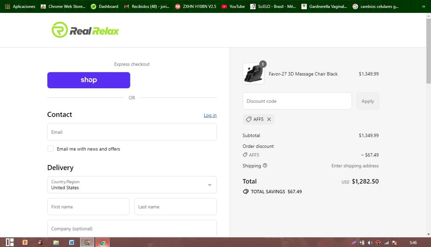 Real Relax discount code screenshot showing code AFF5 applied at Real Relax checkout page. Uploaded by SimplyCodes community member Patobel on Aug 31, 2025