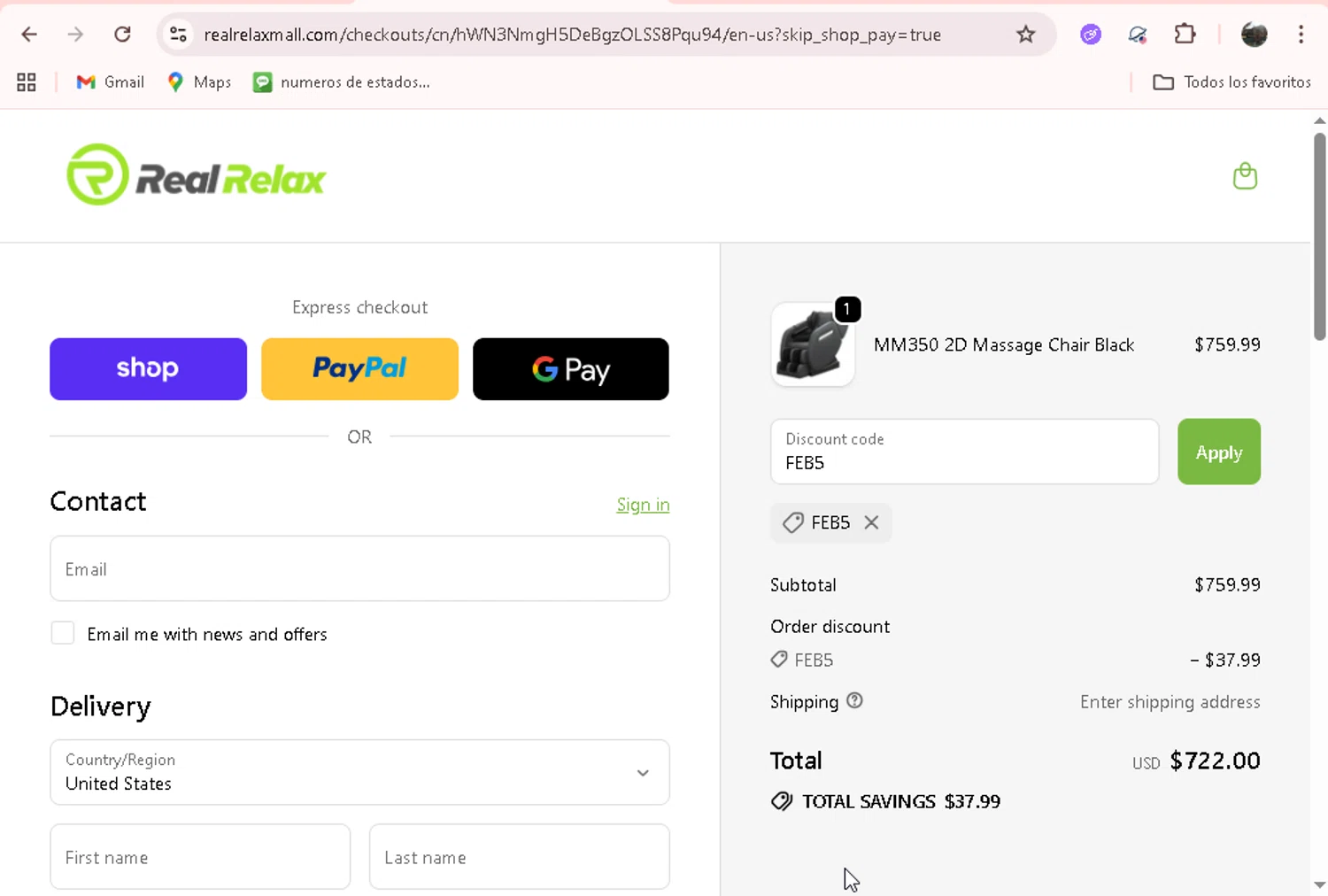 Real Relax discount code screenshot showing code FEB5 applied at Real Relax checkout page. Uploaded by SimplyCodes community member adrianvasquez1 on Sep 25, 2025