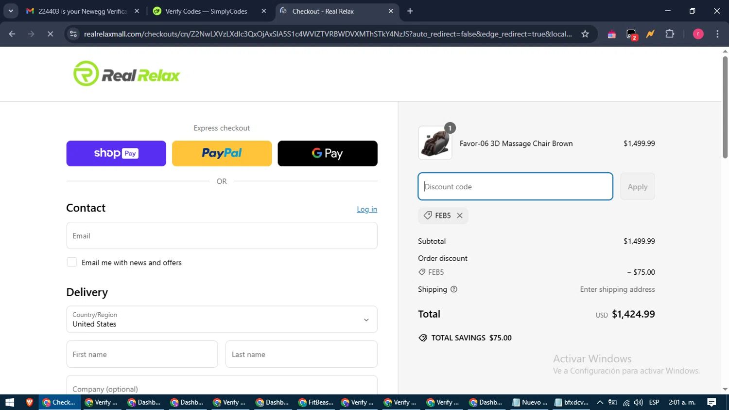 Real Relax discount code screenshot showing code FEB5 applied at Real Relax checkout page. Uploaded by SimplyCodes community member WisePro3739 on Mar 14, 2025