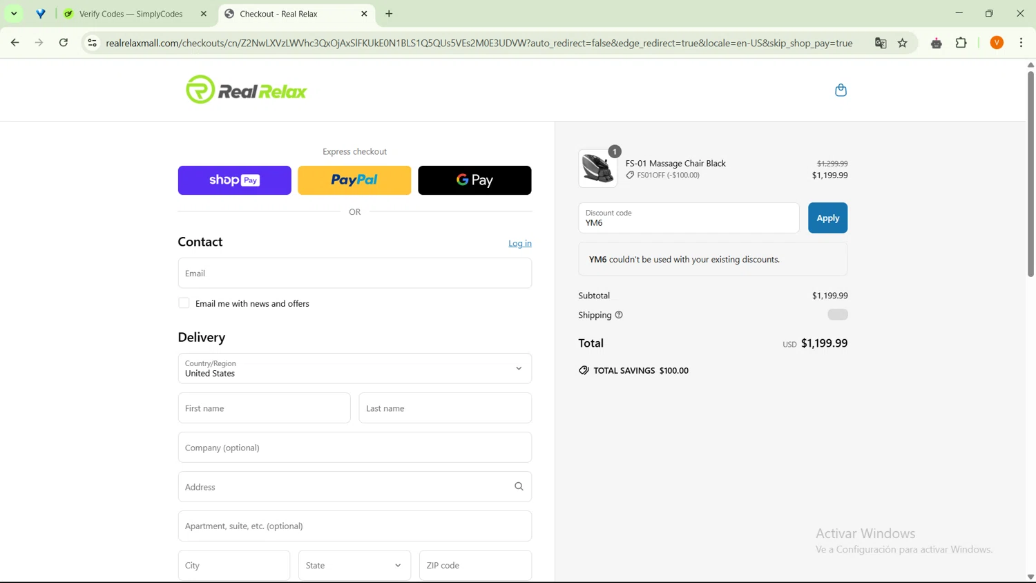 Real Relax discount code screenshot showing code YM6 applied at Real Relax checkout page. Uploaded by SimplyCodes community member SavingsFinder9954 on Mar 30, 2025