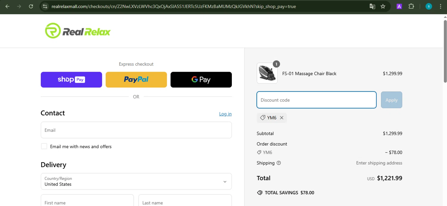 Real Relax discount code screenshot showing code YM6 applied at Real Relax checkout page. Uploaded by SimplyCodes community member ValiantChaser7723 on Mar 14, 2025