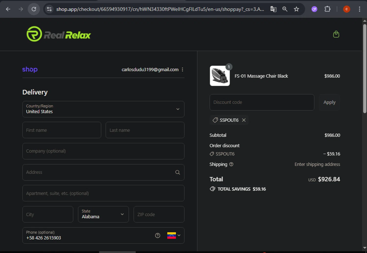Real Relax discount code screenshot showing code SSPOUT6 applied at Real Relax checkout page. Uploaded by SimplyCodes community member CashSage6731 on Sep 17, 2025