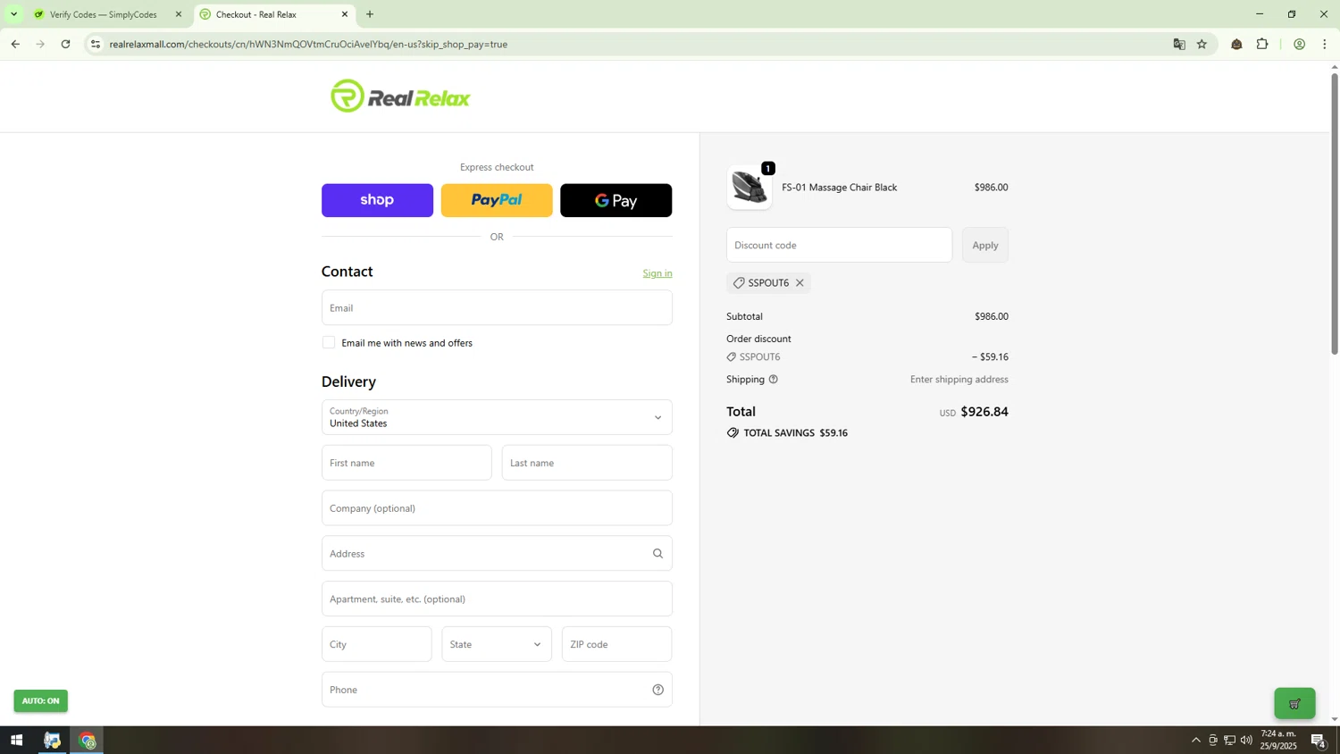 Real Relax discount code screenshot showing code SSPOUT6 applied at Real Relax checkout page. Uploaded by SimplyCodes community member RANK1VERIFIED on Sep 25, 2025