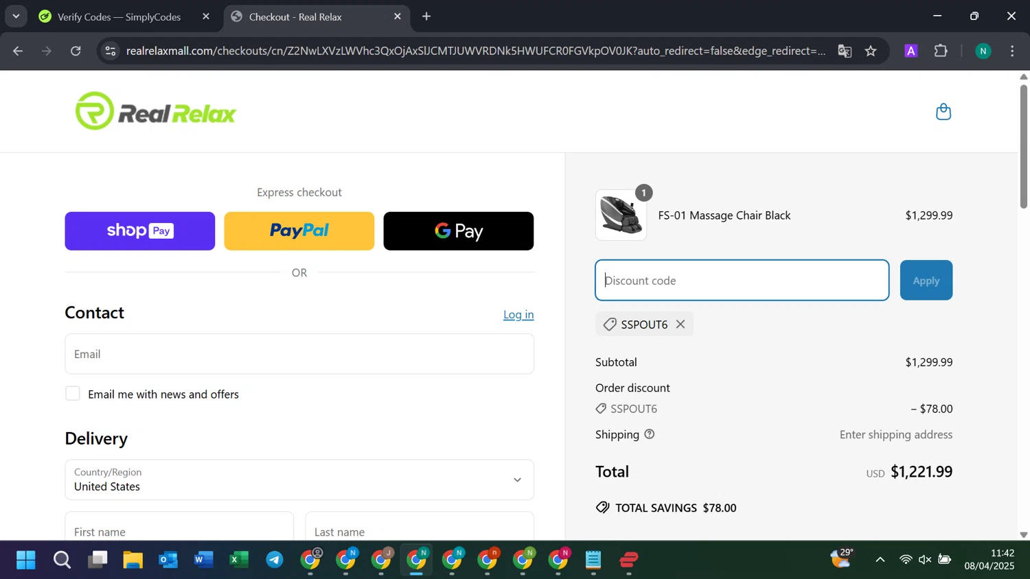 Real Relax discount code screenshot showing code SSPOUT6 applied at Real Relax checkout page. Uploaded by SimplyCodes community member ExtraordinaryWizard2377 on Apr 8, 2025
