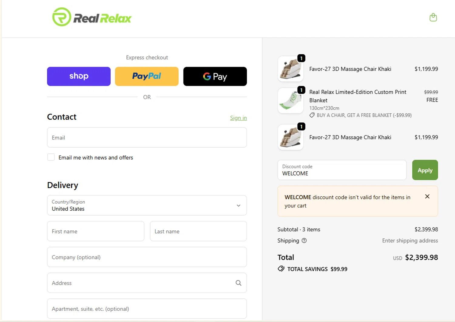 Real Relax discount code screenshot showing code WELCOME applied at Real Relax checkout page. Uploaded by SimplyCodes community member ShieldScout6572 on Dec 11, 2025