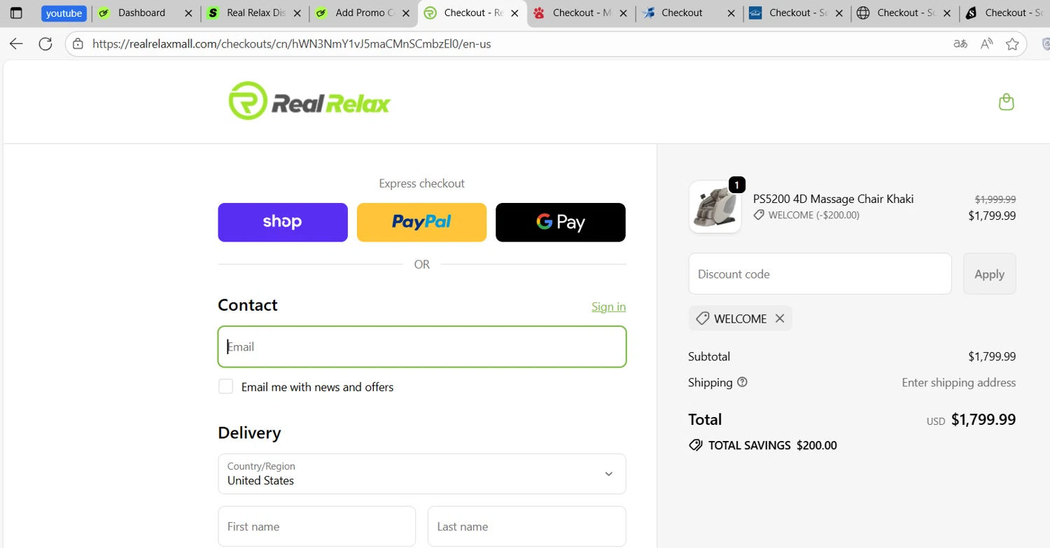 Real Relax discount code screenshot showing code WELCOME applied at Real Relax checkout page. Uploaded by SimplyCodes community member RoyalNavigator1011 on Sep 25, 2025