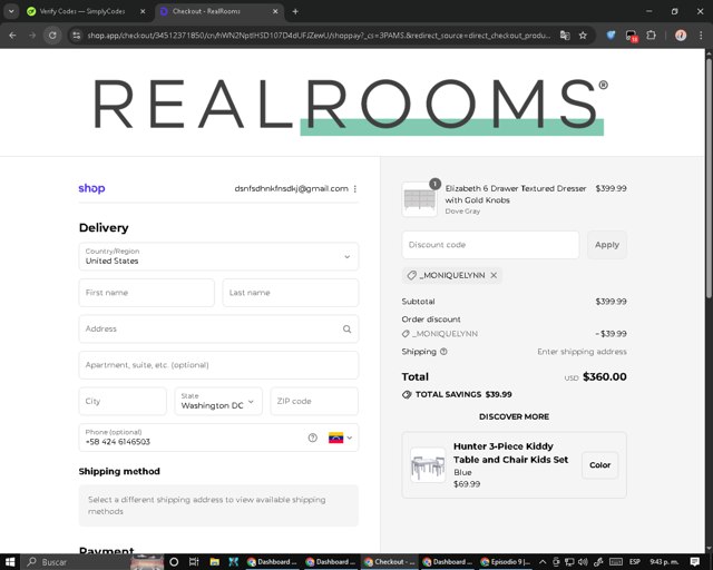 RealRooms checkout page showing RealRooms discount code box | Screenshot taken by SimplyCodes community member on Aug 30, 2025