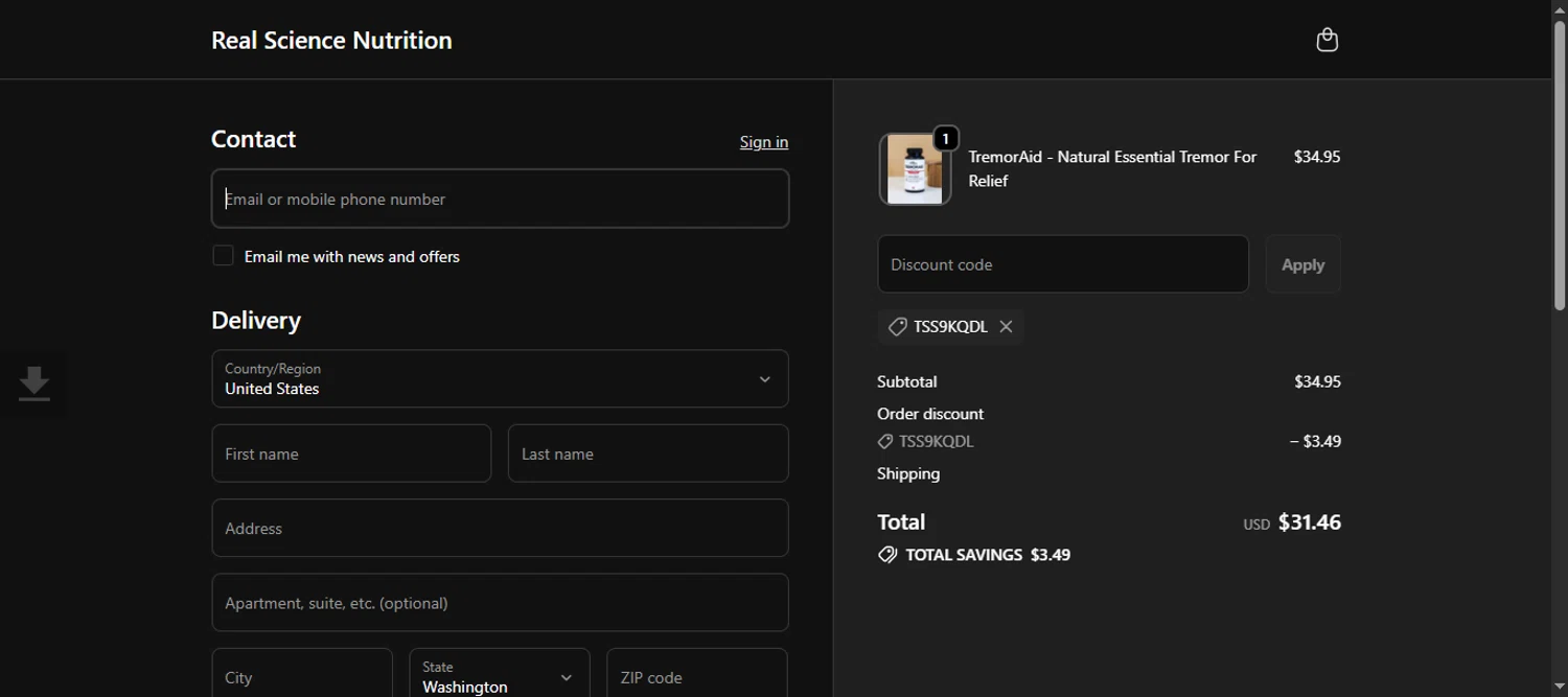 Real Science coupon code screenshot showing code TSS9KQDL applied at Real Science checkout page. Uploaded by SimplyCodes community member 111111 on Oct 10, 2025