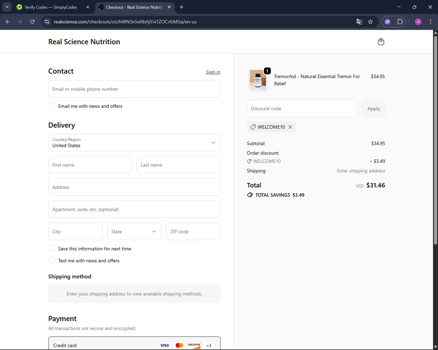 Real Science coupon code screenshot showing code WELCOME10 applied at Real Science checkout page. Uploaded by SimplyCodes community member AV2ACG on Oct 6, 2025