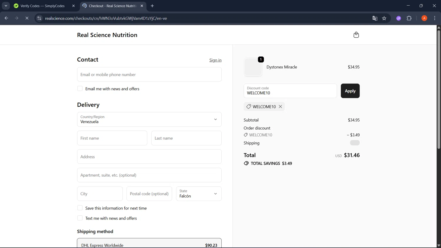 Real Science coupon code screenshot showing code WELCOME10 applied at Real Science checkout page. Uploaded by SimplyCodes community member GoldChaser2970 on Oct 6, 2025