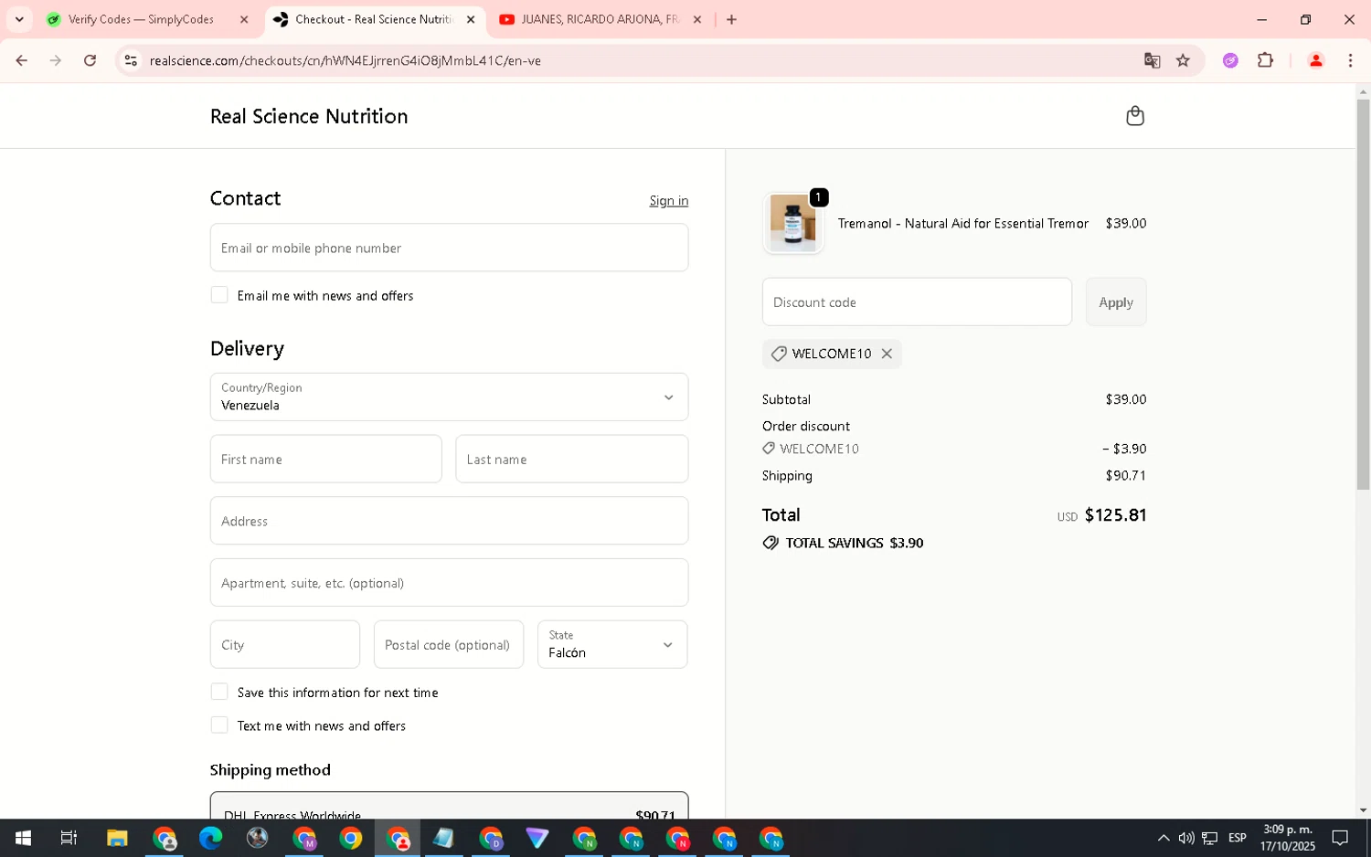 Real Science coupon code screenshot showing code WELCOME10 applied at Real Science checkout page. Uploaded by SimplyCodes community member WiseHero7115 on Oct 17, 2025