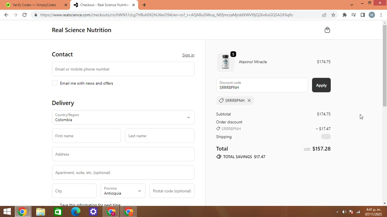 Real Science coupon code screenshot showing code SRRR8PNH applied at Real Science checkout page. Uploaded by SimplyCodes community member AJOTAA on Nov 7, 2025