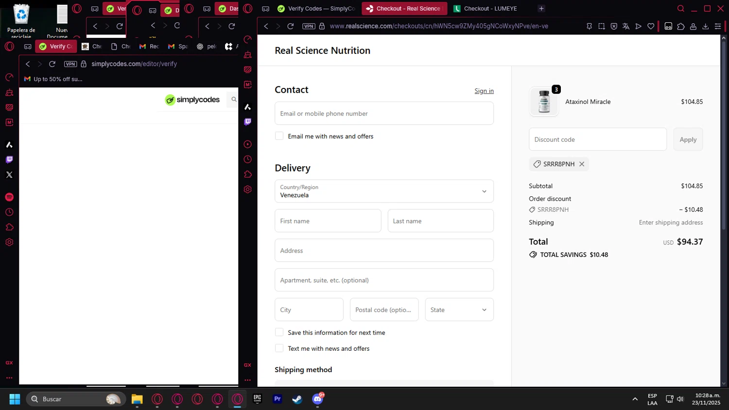 Real Science coupon code screenshot showing code SRRR8PNH applied at Real Science checkout page. Uploaded by SimplyCodes community member Handivlak on Nov 23, 2025