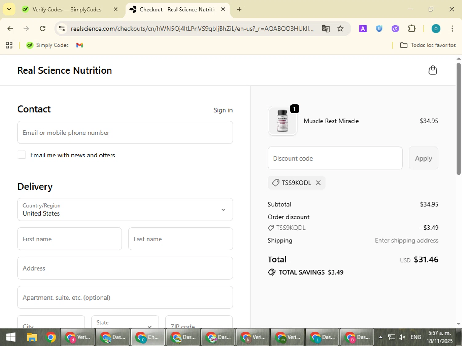 Real Science coupon code screenshot showing code TSS9KQDL applied at Real Science checkout page. Uploaded by SimplyCodes community member BudgetSeeker9524 on Nov 18, 2025