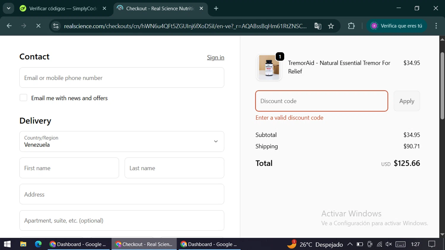 Real Science coupon code screenshot showing code MISSYOU10 applied at Real Science checkout page. Uploaded by SimplyCodes community member alexandracarolina on Dec 27, 2025