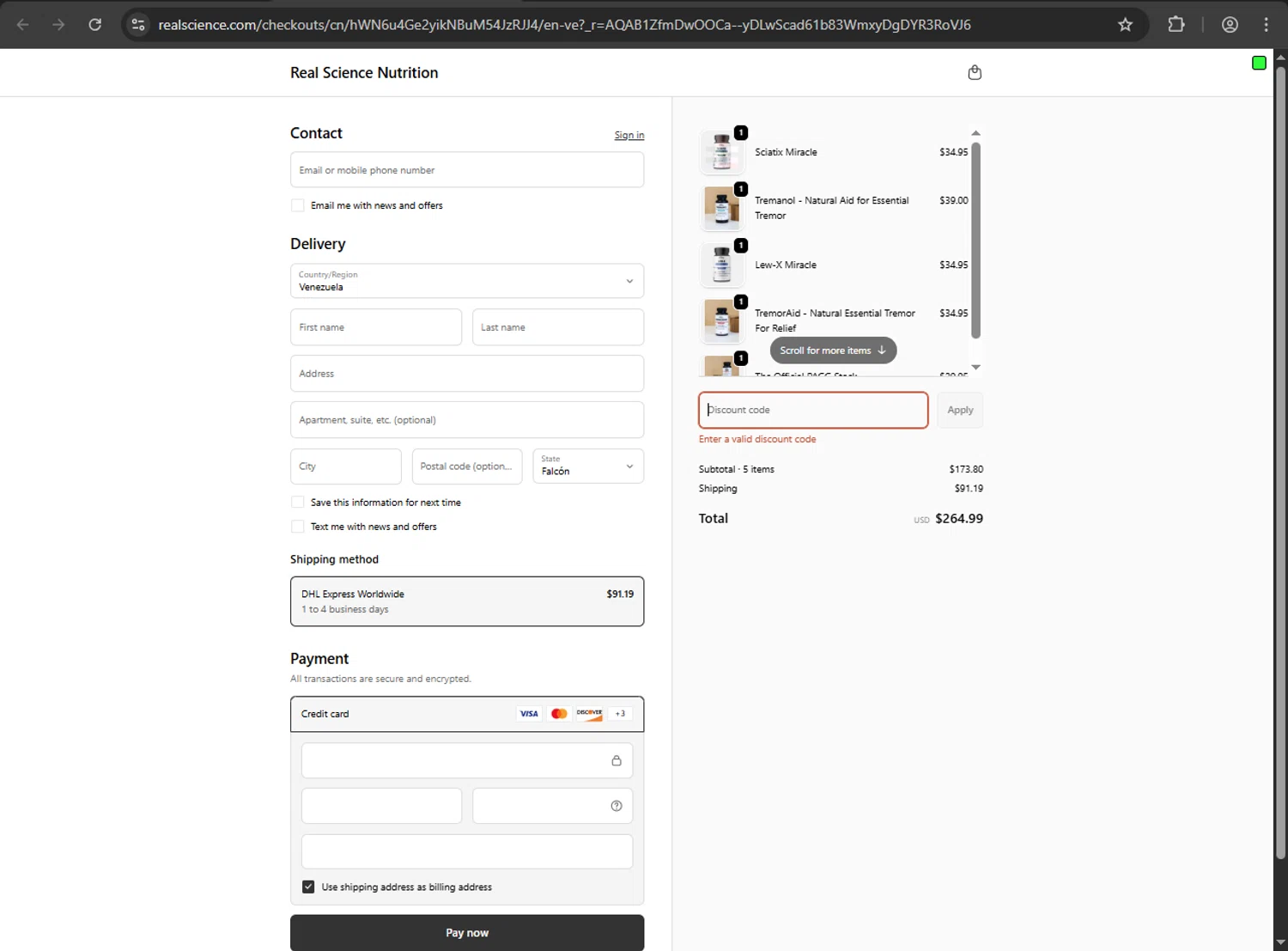 Real Science coupon code screenshot showing code MISSYOU10 applied at Real Science checkout page. Uploaded by SimplyCodes community member webopeluo on Dec 27, 2025