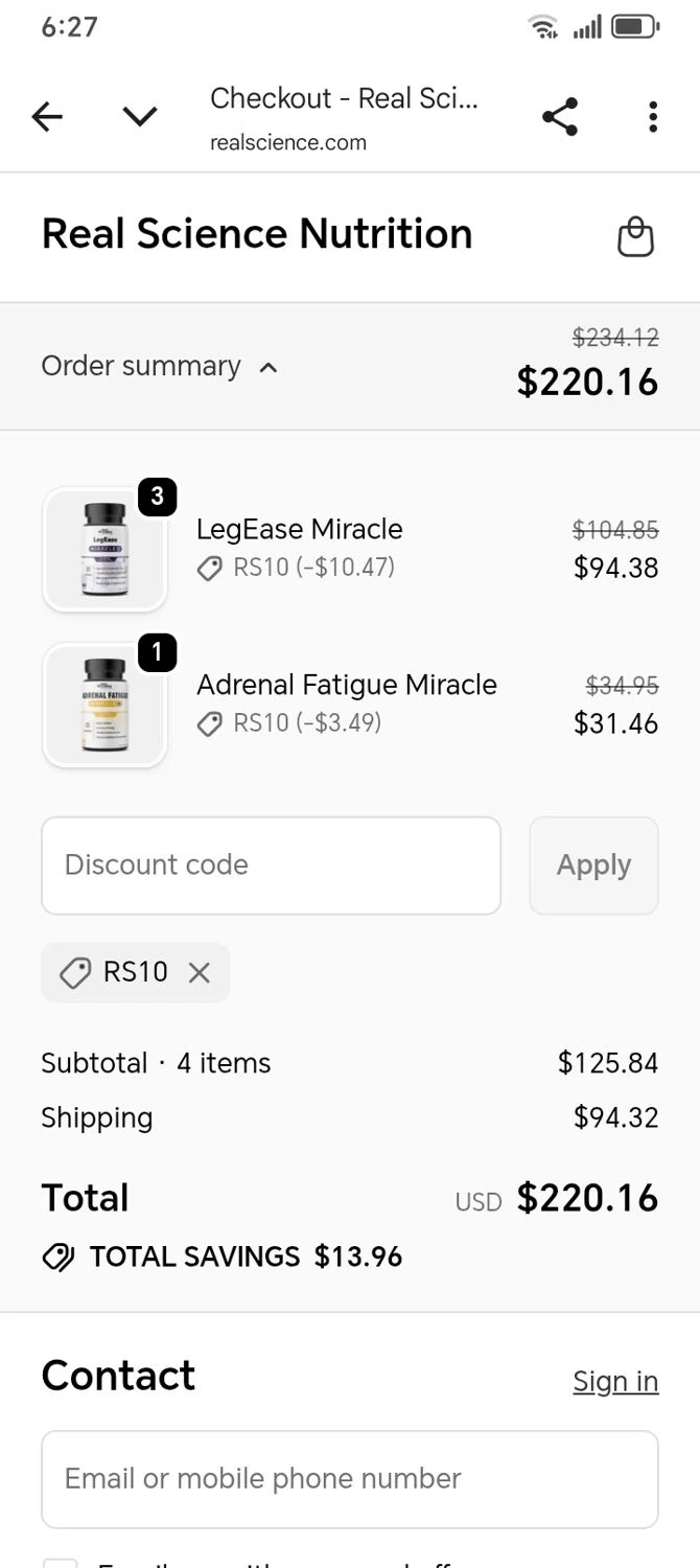 Real Science coupon code screenshot showing code RS10 applied at Real Science checkout page. Uploaded by SimplyCodes community member franksanchez on Jan 5, 2026