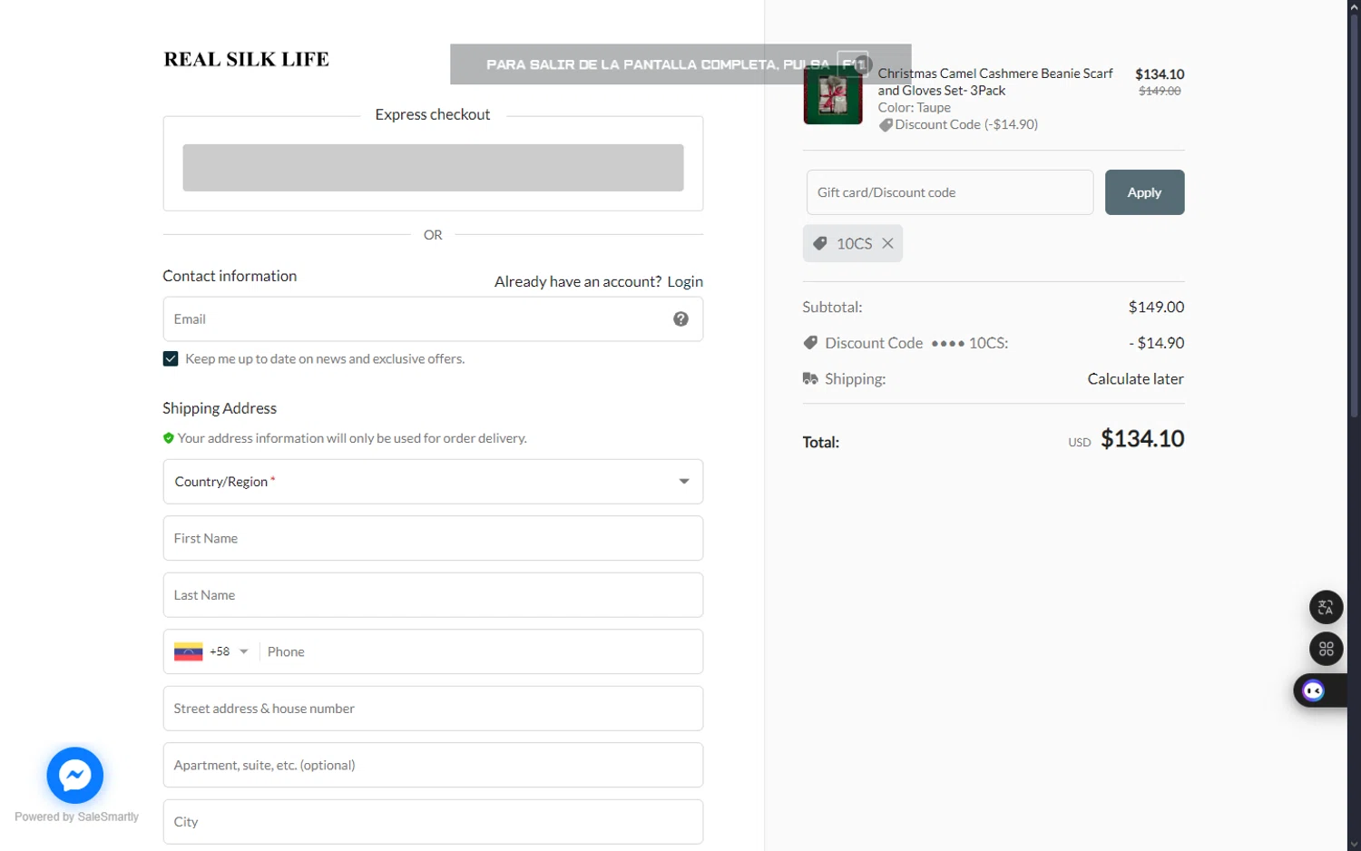 RealSilk Life promo code screenshot showing code 10CS applied at RealSilk Life checkout page. Uploaded by SimplyCodes community member GAPP3003 on Jan 5, 2025